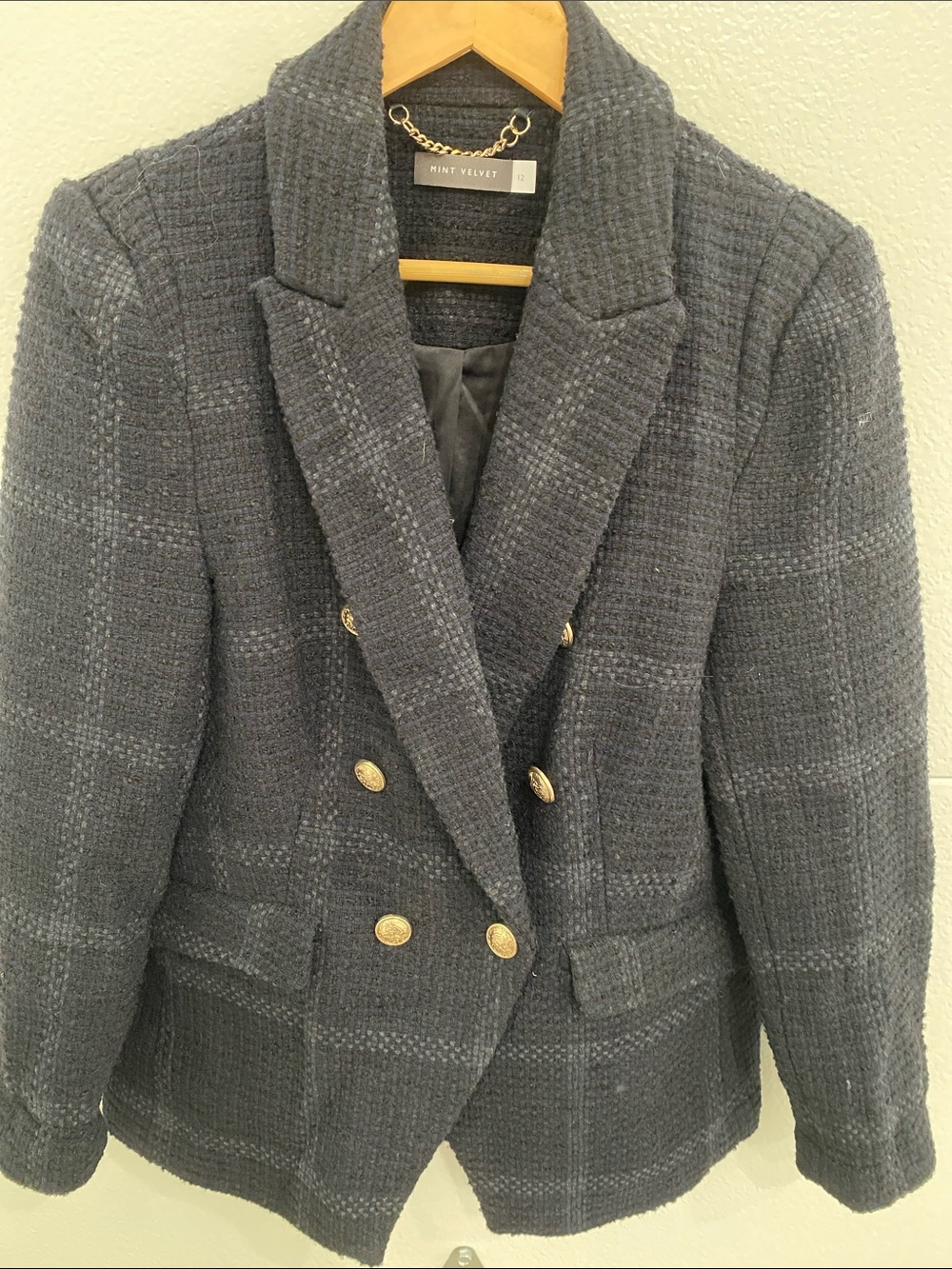 Mint Velvet Women's Double-Breasted Navy Tweed Blazer